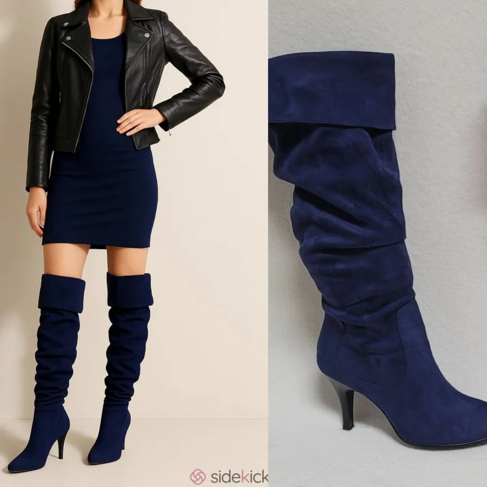 90s Vintage Skechers Blue Faux Suede Cuffed Tapered Heel Knee High Slouch Boots